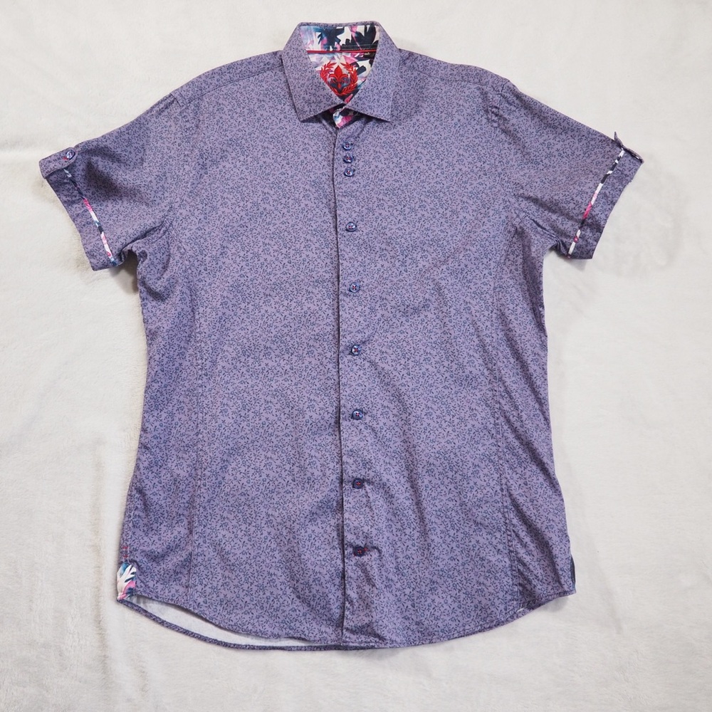 Au Noir Sz3 Men's Lavender Floral Short Sleeve Dress Shirt Cotton/Spandex Blend